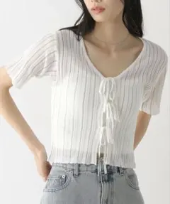 Heather Vネックラメリボンカーディガン（半袖）オフホワイト