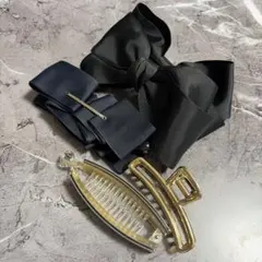 【4点セット】リボンバレッタ バナナクリップ ヘアクリップ まとめ売り 黒 紺