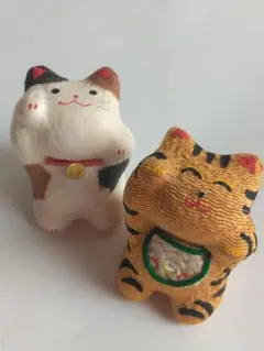 龍虎　インテリア　置物　招き猫　茶トラ　三毛猫　ミニサイズ　2種セット