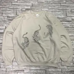 USA古着 スウェット ベージュ 虎 アニマル 両面プリント Urban
