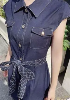 ダークブルーデニムノースリーブワンピース