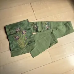 緑色 花柄刺繍 名古屋帯