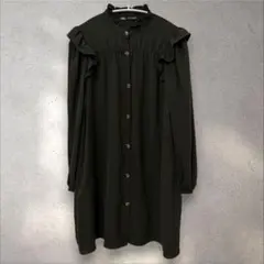 【ZARA】ショルダーフリル フリルネック シャツワンピース M カーキ