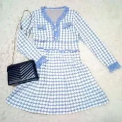 千鳥格子 ツイードフレアワンピース フリンジデザイン ブルー 水色 韓国スタイル