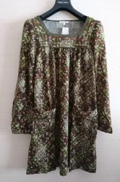 ニットチュニック ワンピース Lサイズ 花柄 チェック柄 リボンポケット