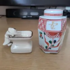 ２個セット　京焼　高野昭阿弥　赤絵六角茶入　一閑人（いっかんじん）　蓋置　茶道具 2個セット 京焼 高野昭阿弥 赤絵六角茶入 一閑人（いっかんじん） 蓋