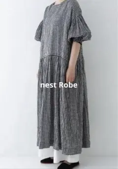 nest Robe リネンギンガムバルーンスリーブワンピース