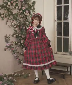 新品 3L 愛野えり ベロアリボンチェックワンピ(レッド)