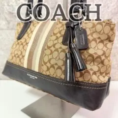 COACH コーチ ハンドバッグ シグネチャー ヘリテージ ストライプ 茶系
