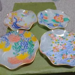 昭和レトロ★NEW FLORENCE GLASS花鳥 波形皿 4枚セット未使用