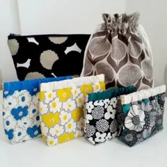 ナチュラル　北欧花柄　ポーチ　6点セット　バネポーチ　巾着　ファスナーポーチ