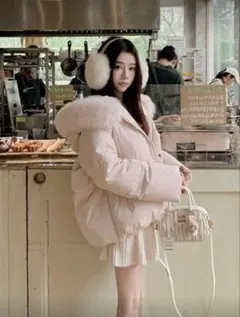 韓国 ピンク フード ファー付き ダウン ふわふわ もこもこ