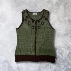 ニットベスト 花柄 グリーン ウール混合 vintage