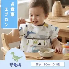 ベビー お食事エプロン 恐竜柄 防水 90cm 0-1歳 離乳食 スタイ 袖なし