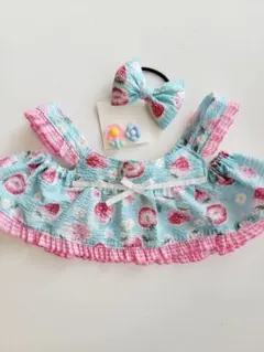 ラボット服　LOVOT服　水色イチゴ柄サッカー生地ワンピース　小物含む４点セットのサムネイル