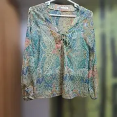 ZARA　ブラウス　ダマスク　グリーン　2955/203/330