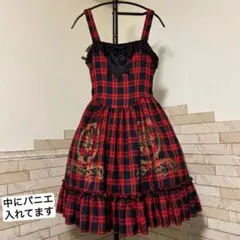 難あり】ATELIER PIERROT 赤黒チェック 薔薇柄ジャンパースカート
