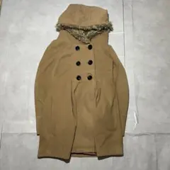 NAeyu キャメル フードファー ダブルボタン ロングコート L