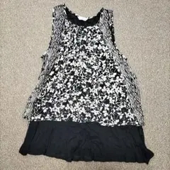 ガーゼ　ふわふわノースリーブチュニック 白黒花柄