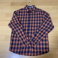 オレンジ ネイビー チェック 長袖ネルシャツ
