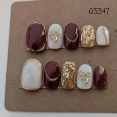 最終お値下げ　ボルドー・ホワイト・ゴールド ネイルチップ　りぼん　クリスマス