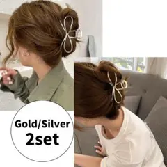 新品 ヘアクリップ リボン シルバー ゴールド 2個セット メタル まとめ売り