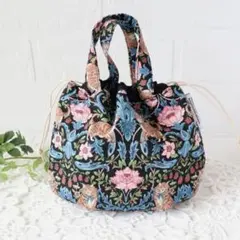 [モリス風 猫柄] 持ち手付き 巾着ポーチ