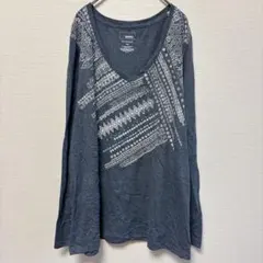 ソノマ 長袖 Tシャツ Vネック エスニック 1X 灰 綿 デイリー カジュアル