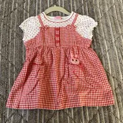 【美品】HOT BISCUITS 半袖ワンピース 紅白 水玉×チェック 80cm