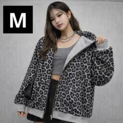 ジップアップパーカー　フーディ　レオパード　グレー　y2k HIPHOP 平成