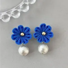 no.816 青×コットンパールピアス　イヤリング　和風　着物　成人式