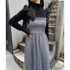 【新品タグ付き】ショルダーリボンチュールワンピース