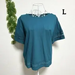 グラシア・L 半袖Tシャツ レース装飾付き ティール コットン混
