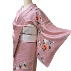 A162愛華 着物 訪問着　椿　正絹　フォーマル　珊瑚色