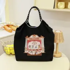 刺繍トートバッグ ブラック　猫　バレエ　エコバッグ
