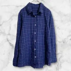 ✨美品✨チェック柄 Yシャツ 薄手 透け感 M ブルー 麻 コットン