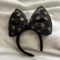ミニーマウス カチューシャ 黒金ドット リボン