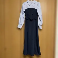 グレイル　ベルト付きストライプ柄シャツドッキングワンピース　ネイビー　Mサイズ