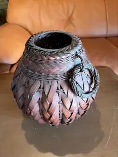 久留米特産『九籃』の籃胎（らんたい）漆器 耳付スカシ花器 生け花