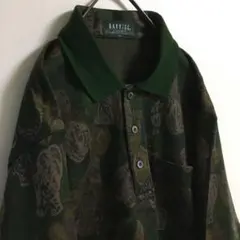 レトロ 90s 日本製 古着 ウール混 襟付きニットポロ 薄手 ボタニカル柄 緑