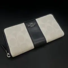 【美品】コーチ COACH シグネチャー 長財布 ラウンドジップ ホワイト✖️紺色