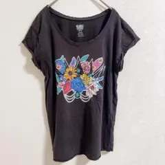 QUEEN THE LABEL フラワーグラフィック Tシャツ スミクロ S M