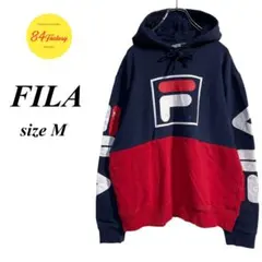 FILA　フーディー　スウェット パーカー　袖ロゴ　バイカラー　紺　メンズ M