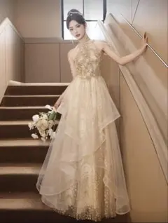 ゴールド フラワー刺繍 パーティードレス