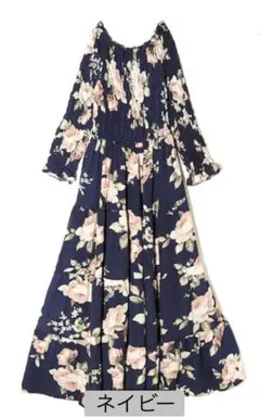 frunco 花柄シャーリングロングワンピース　ネイビーのサムネイル
