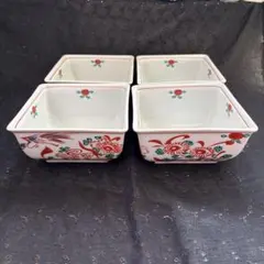 たち吉　橘吉　赤絵　花鳥　角鉢　中鉢　角深鉢　4客