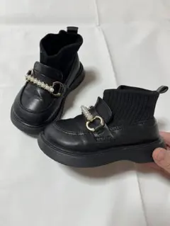 子供用ローファー ショートブーツ風 パール付き ブラック 14cm