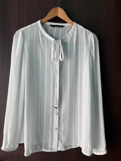 ZARA ホワイト ストライプ リボン ブラウス Lサイズ 長袖 エレガント