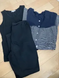 授乳服 マタニティワンピースパジャマセット黒 ストライプ Mサイズまとめ売り
