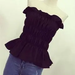 大人気 チューブ トップ オフショル ワッフル素材 シフォン【ブラック】